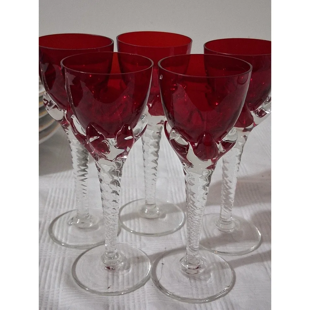 Vintage Ruby Red Glass Wine Goblets Clear Twisted Stem Set of 5 5.25in - Picture 3 of 5